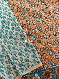 Cotton Kalamkari Saree - Orange with Blue