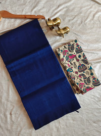 Handwoven Mangalagiri Plain Pattu Saree - Dark Blue