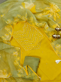 Soft Silk Unstitched Salwar Suit  - Yellow with Green