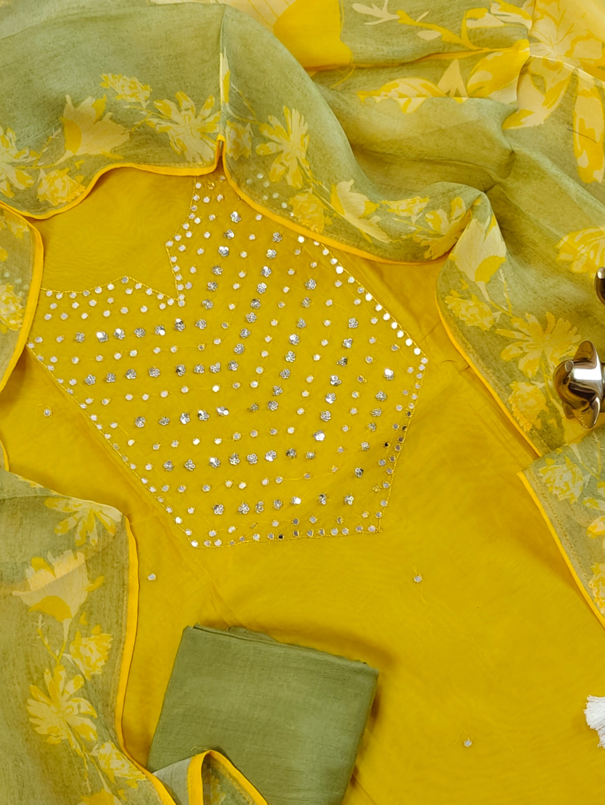 Soft Silk Unstitched Salwar Suit  - Yellow with Green