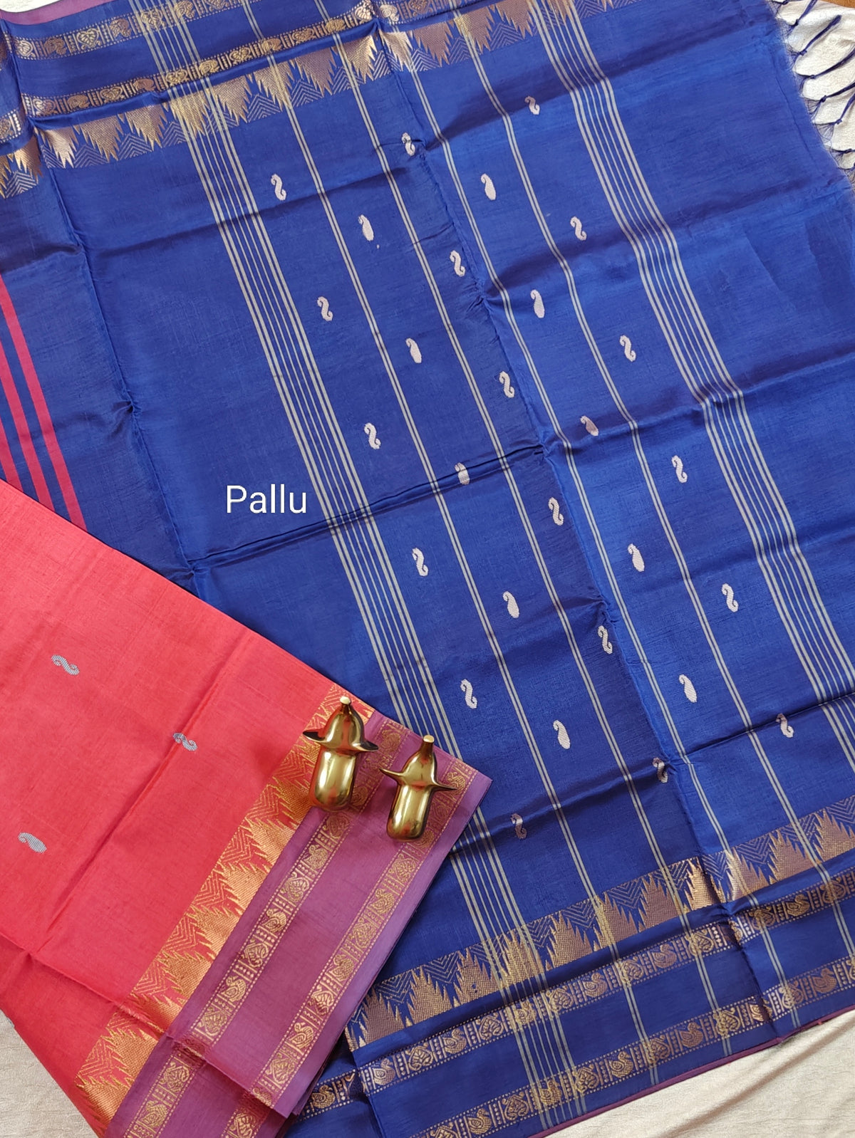 Chinnalampattu Border - Coral Pink with Blue