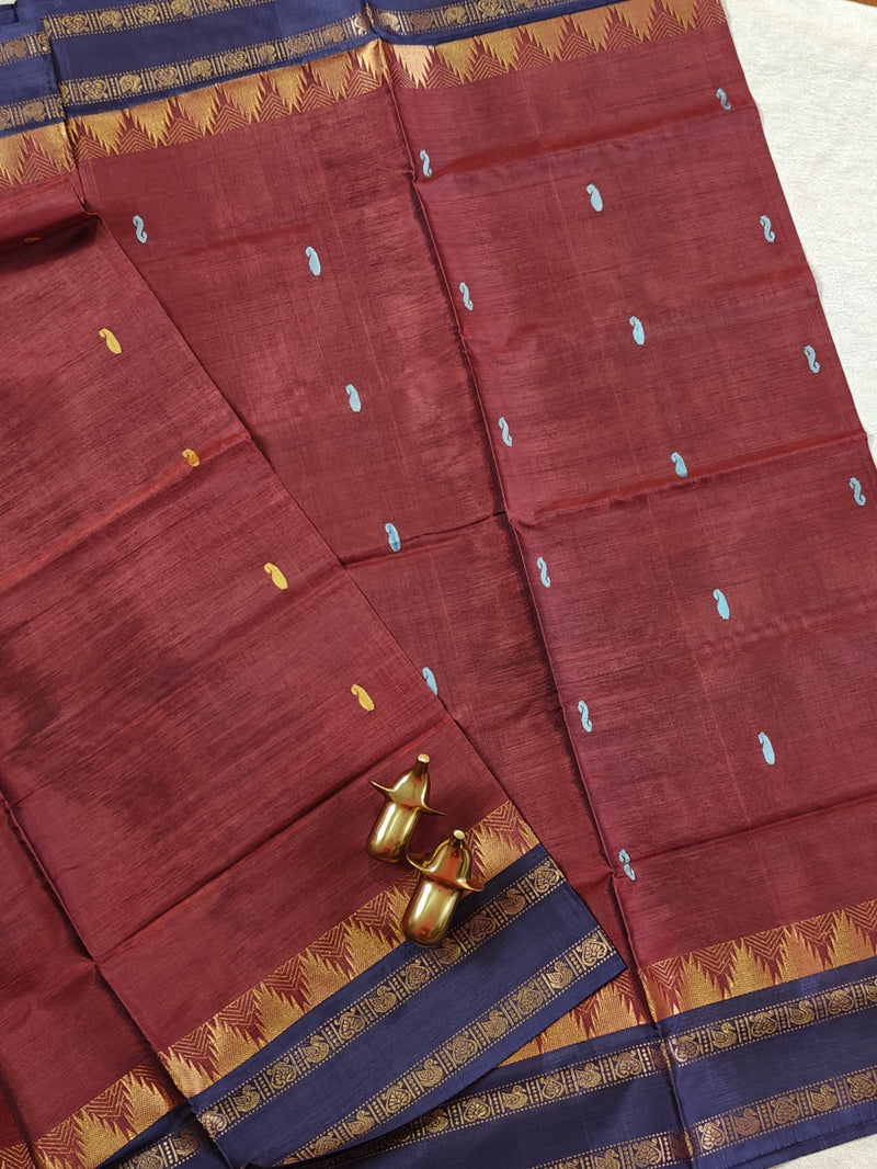 Chinnalampattu Border - Deep Brick Red with Blue