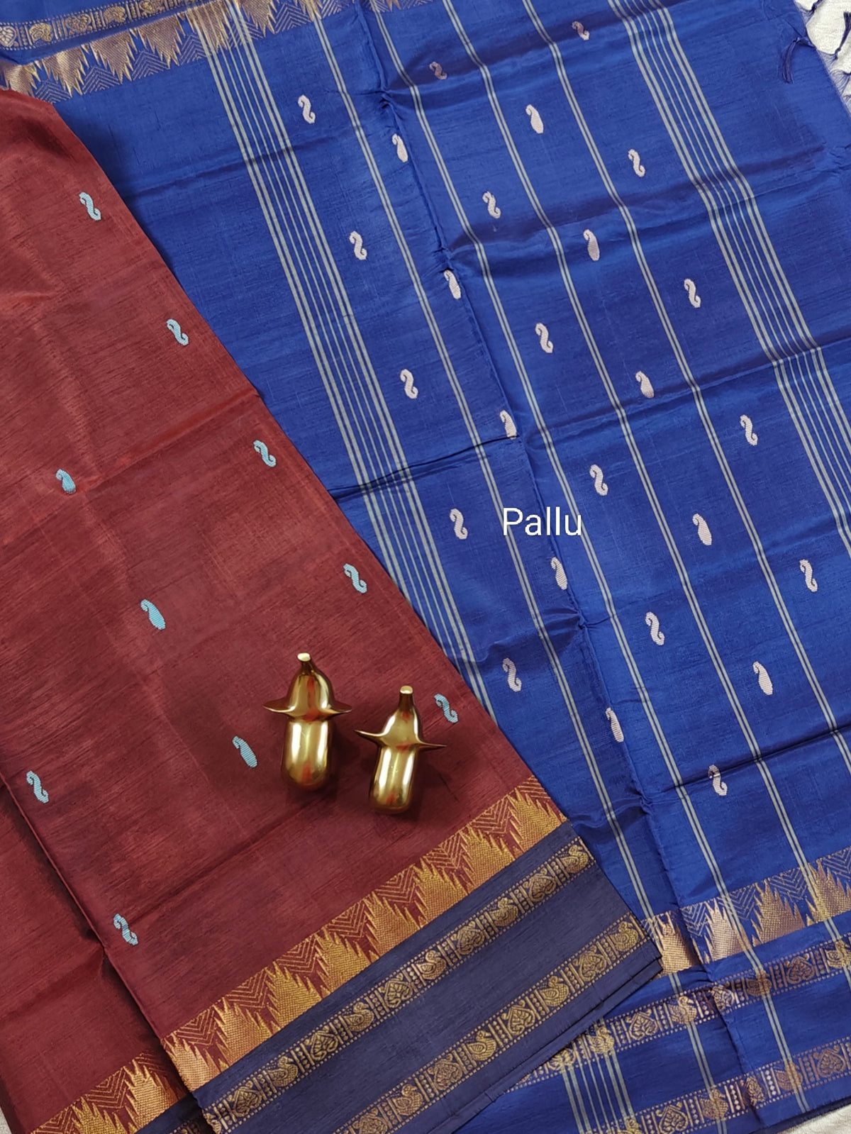Chinnalampattu Border - Deep Brick Red with Blue