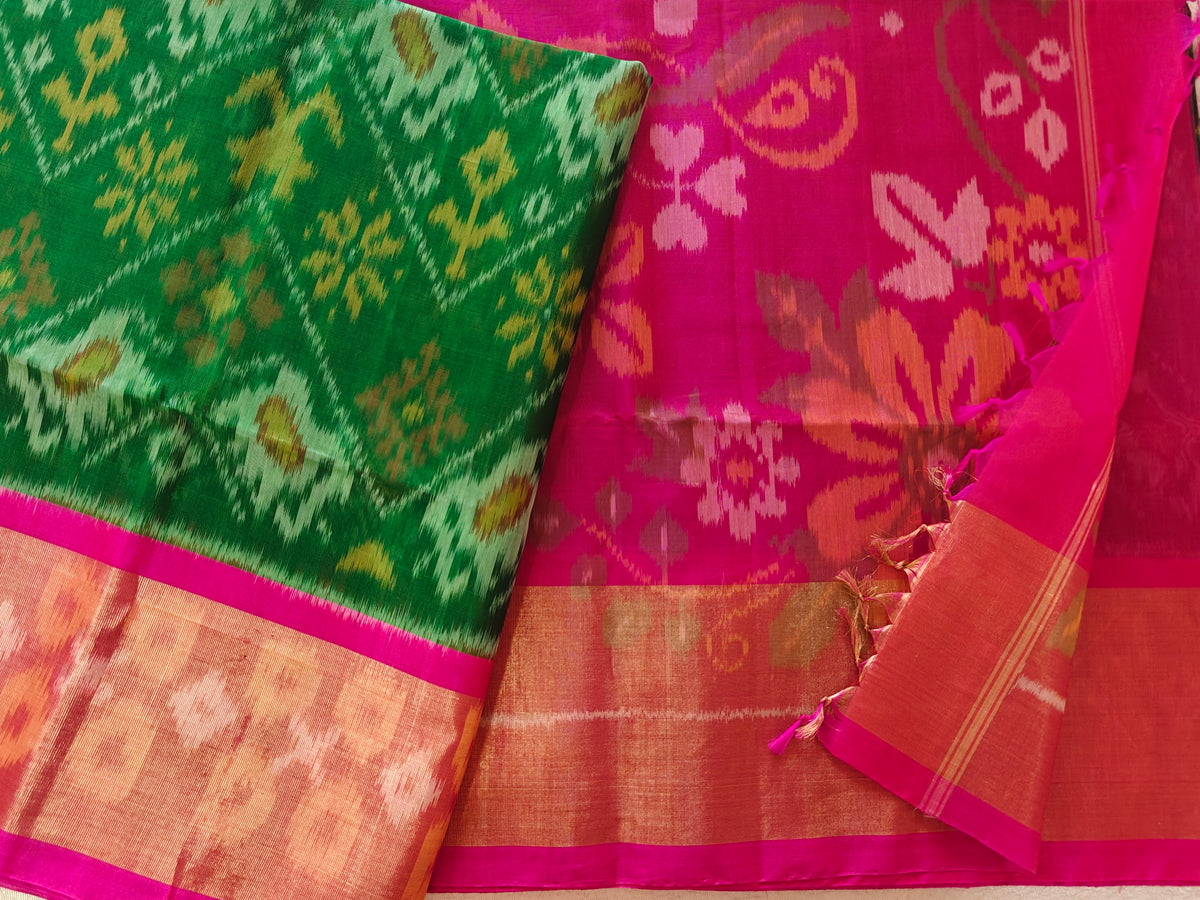 Green with Pink  Pochampally Ikkat Silk Cotton (SICO Pattu)