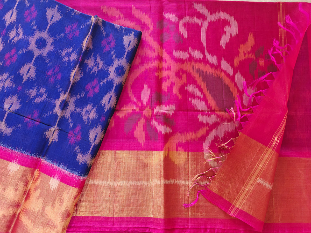 Blue with Pink Pochampally Ikkat Silk Cotton (SICO Pattu)