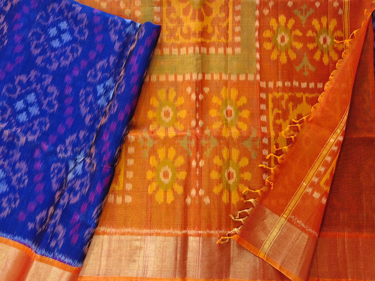 Blue with Orange Pochampally Ikkat Silk Cotton (SICO Pattu)