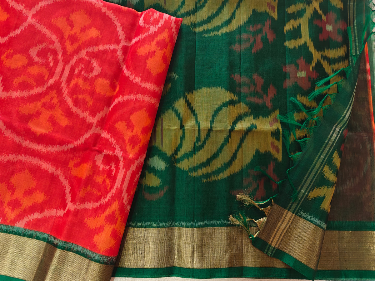 Orange with Green Pochampally Ikkat Silk Cotton (SICO Pattu)