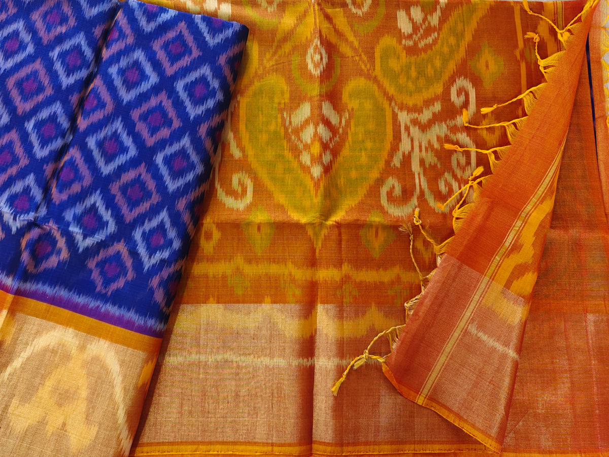 Blue with Organe Pochampally Ikkat Silk Cotton (SICO Pattu)
