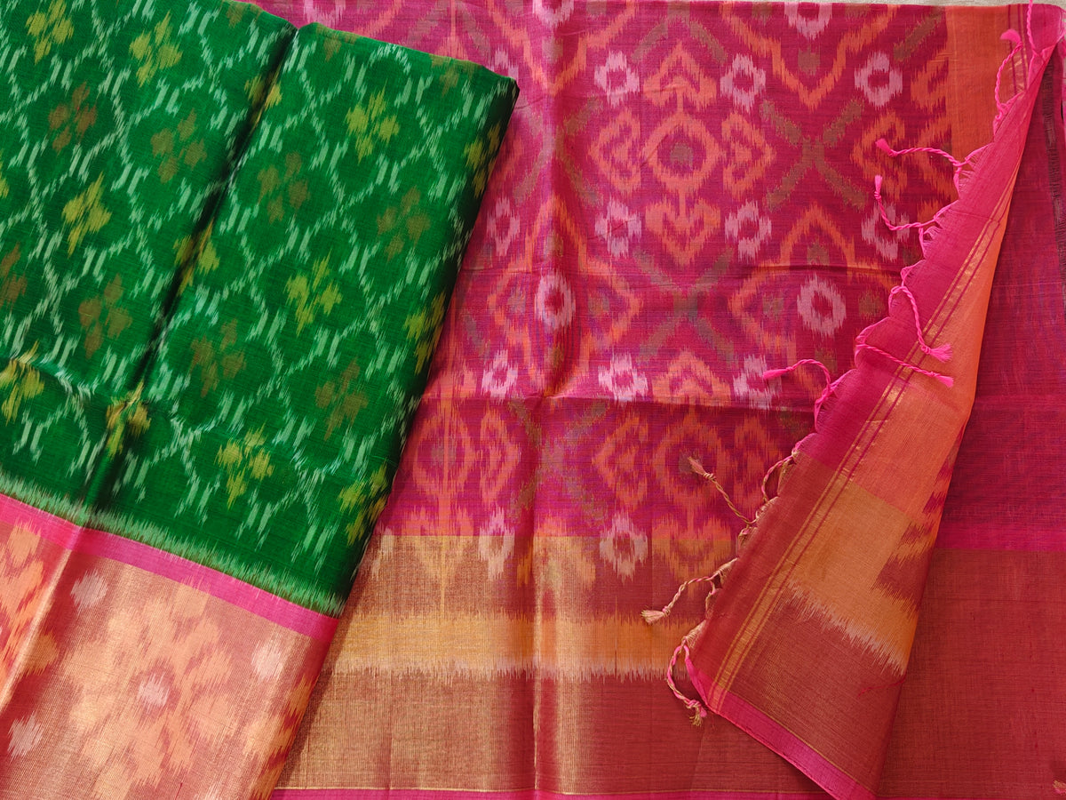 Green with Pink  Pochampally Ikkat Silk Cotton (SICO Pattu)