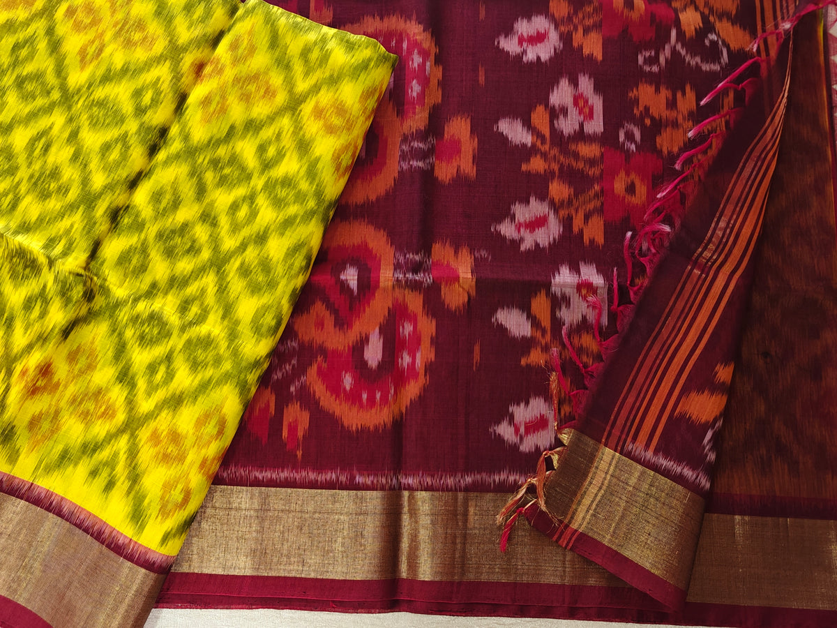 Yellow with Maroon  Pochampally Ikkat Silk Cotton (SICO Pattu)
