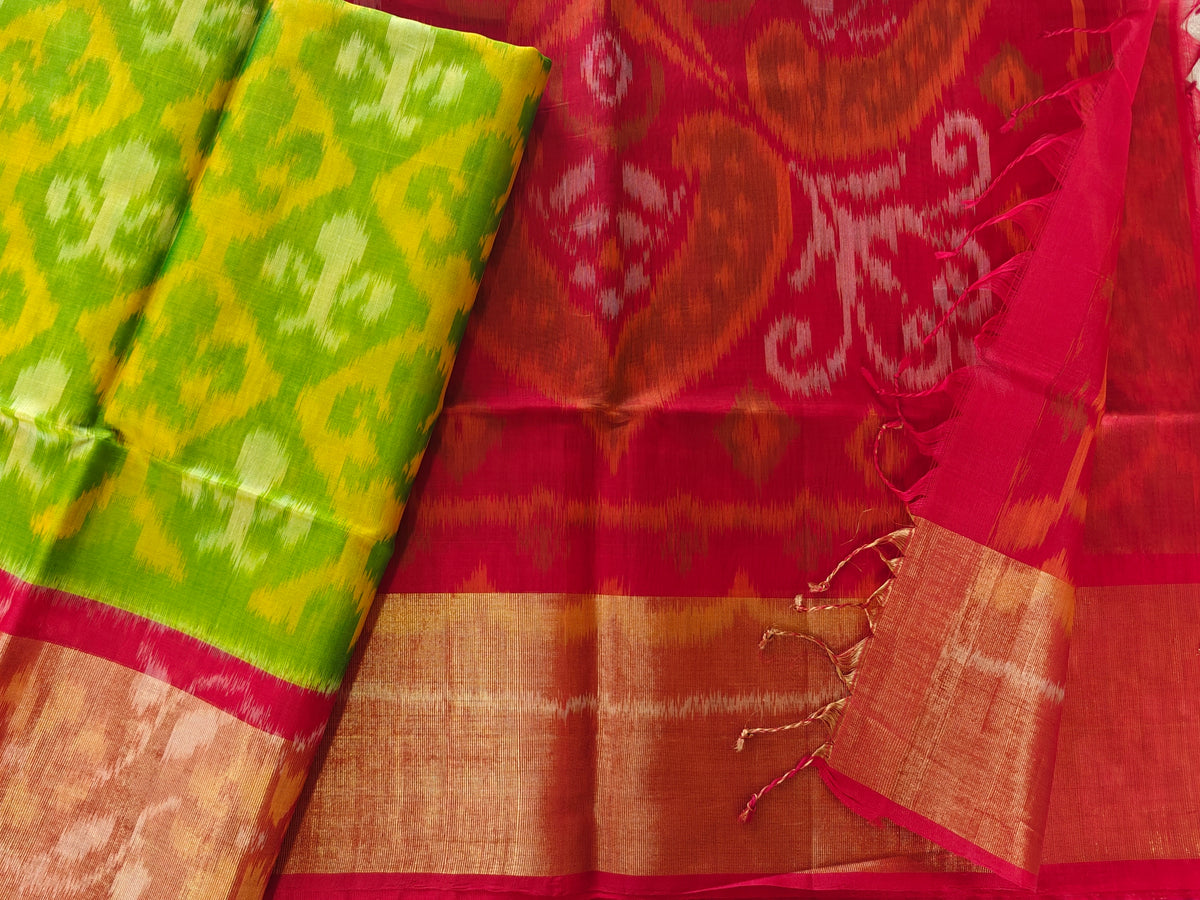 Green with Red Pochampally Ikkat Silk Cotton (SICO Pattu)