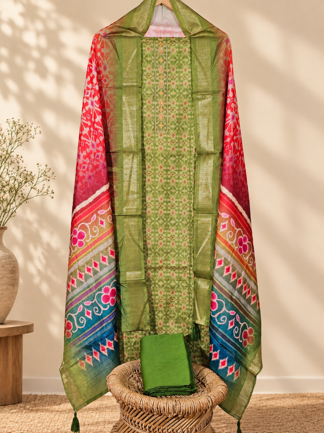Soft Semi Tussar Unstitched Salwar Set – Green