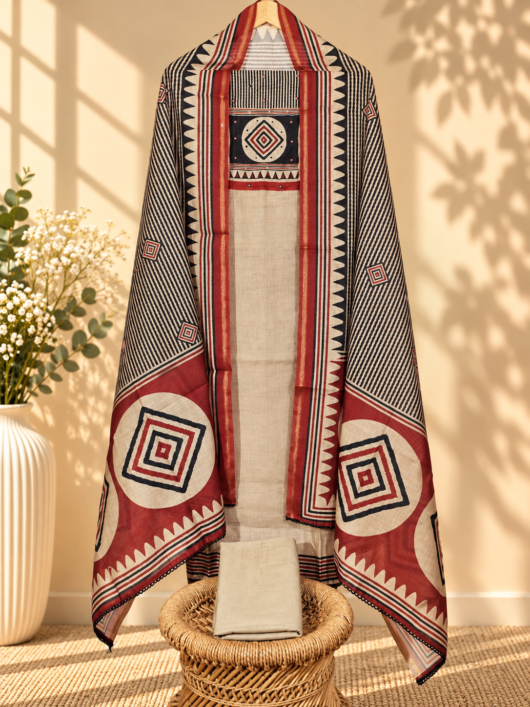 Semi Tussar Unstitched Salwar Set – Cream with Maroon