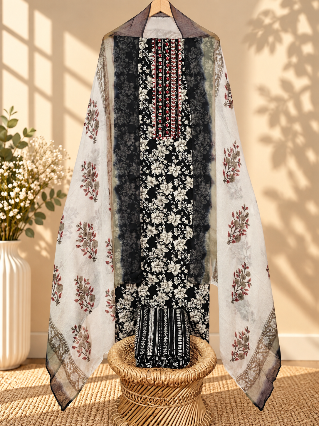 Pure Soft Cotton with Thread Knot Work Unstitched Salwar – Black