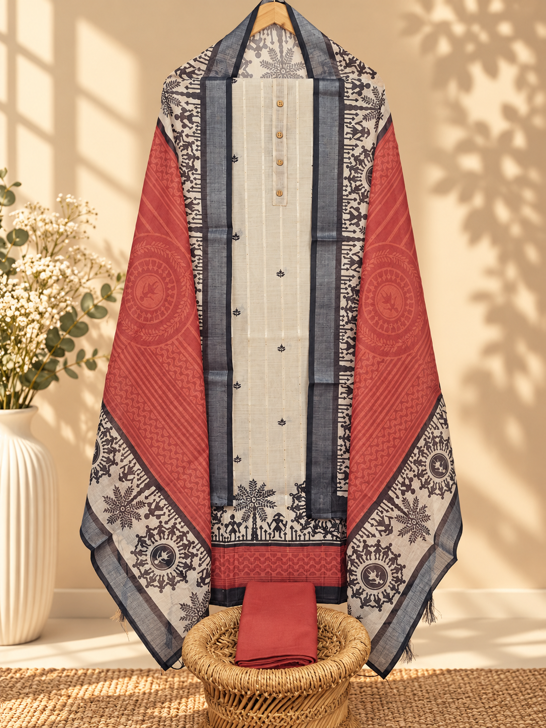 Linen By Tissue Unstitched Salwar – Cream with Deep Orange