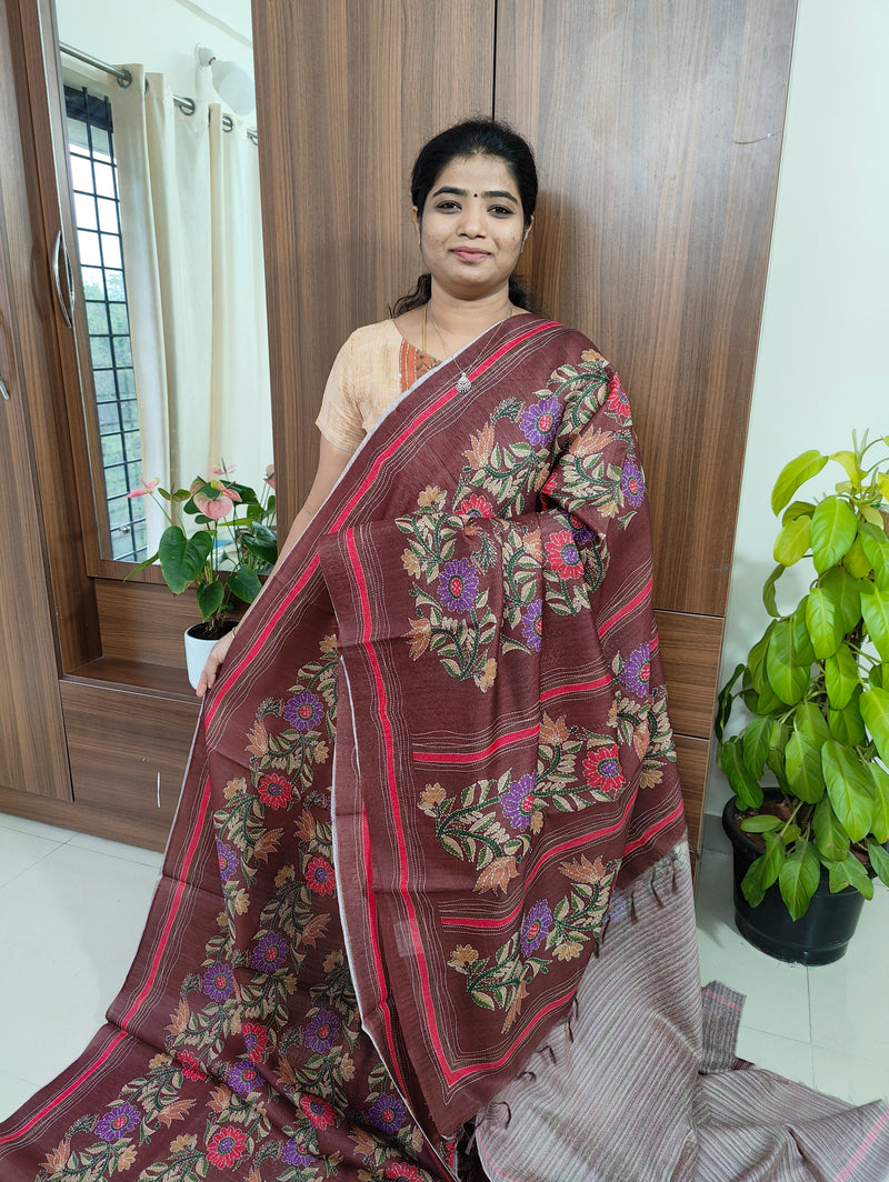 Semi Tussar Kantha Embroidery Digital Printed Saree - Dark Maroon