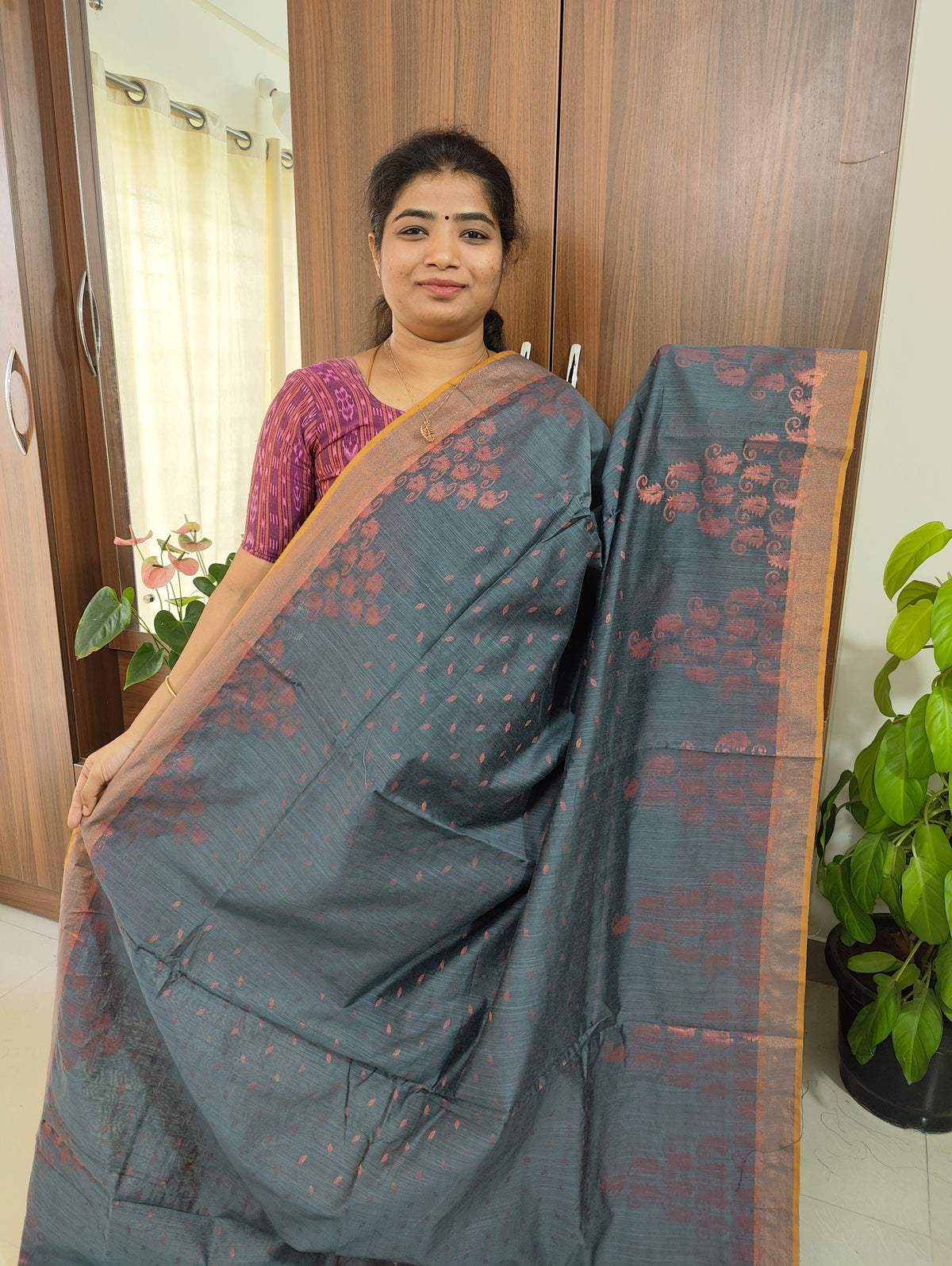 Fancy Silk Cotton - Grey with Brown