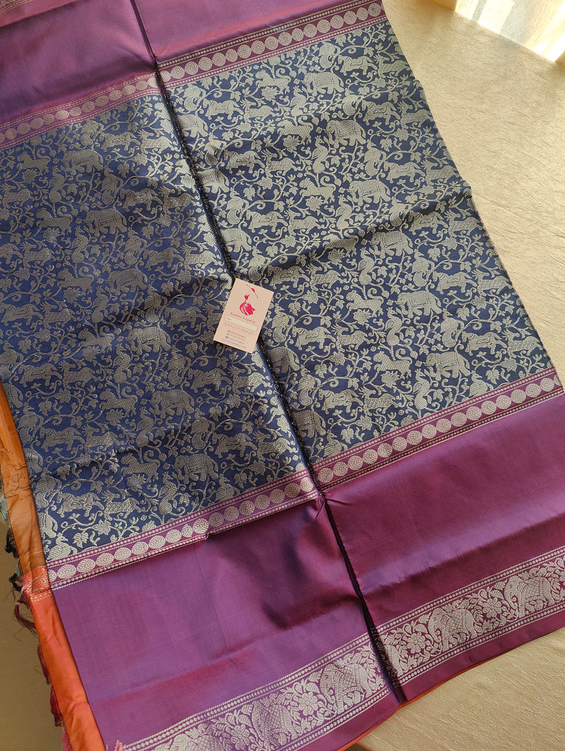 Half and Half Pattern Navy Blue & Purple with Peachish Pink Shade Pallu Vanasingram  Pattern Chinnalampattu Saree with Grand Pallu