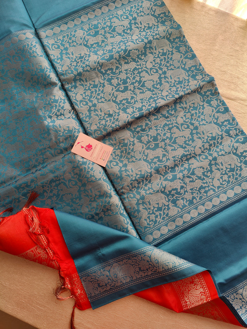 Peacock Blue with Orange Pallu Vanasingram  Pattern Chinnalampattu Saree with Grand Pallu