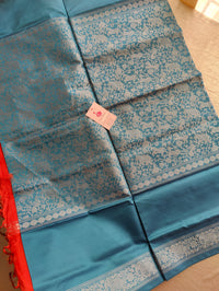 Peacock Blue with Orange Pallu Vanasingram  Pattern Chinnalampattu Saree with Grand Pallu