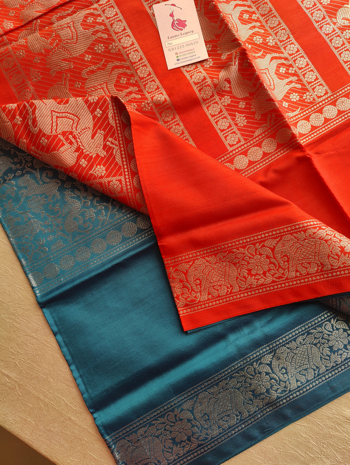 Peacock Blue with Orange Pallu Vanasingram  Pattern Chinnalampattu Saree with Grand Pallu