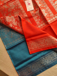 Peacock Blue with Orange Pallu Vanasingram  Pattern Chinnalampattu Saree with Grand Pallu