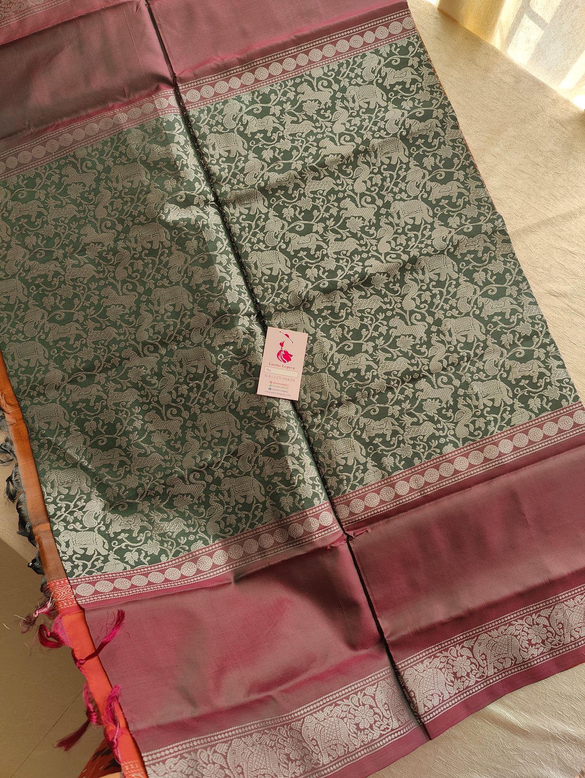 Half and Half Pattern Bottle Green & Purple  with Peachish Pink Pallu Vanasingram  Pattern Chinnalampattu Saree with Grand Pallu