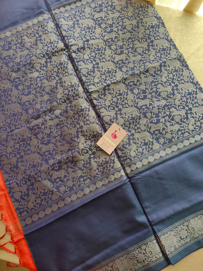 Dual Shade Blue cum Purple with Peachish Pink Pallu Vanasingram  Pattern Chinnalampattu Saree with Grand Pallu