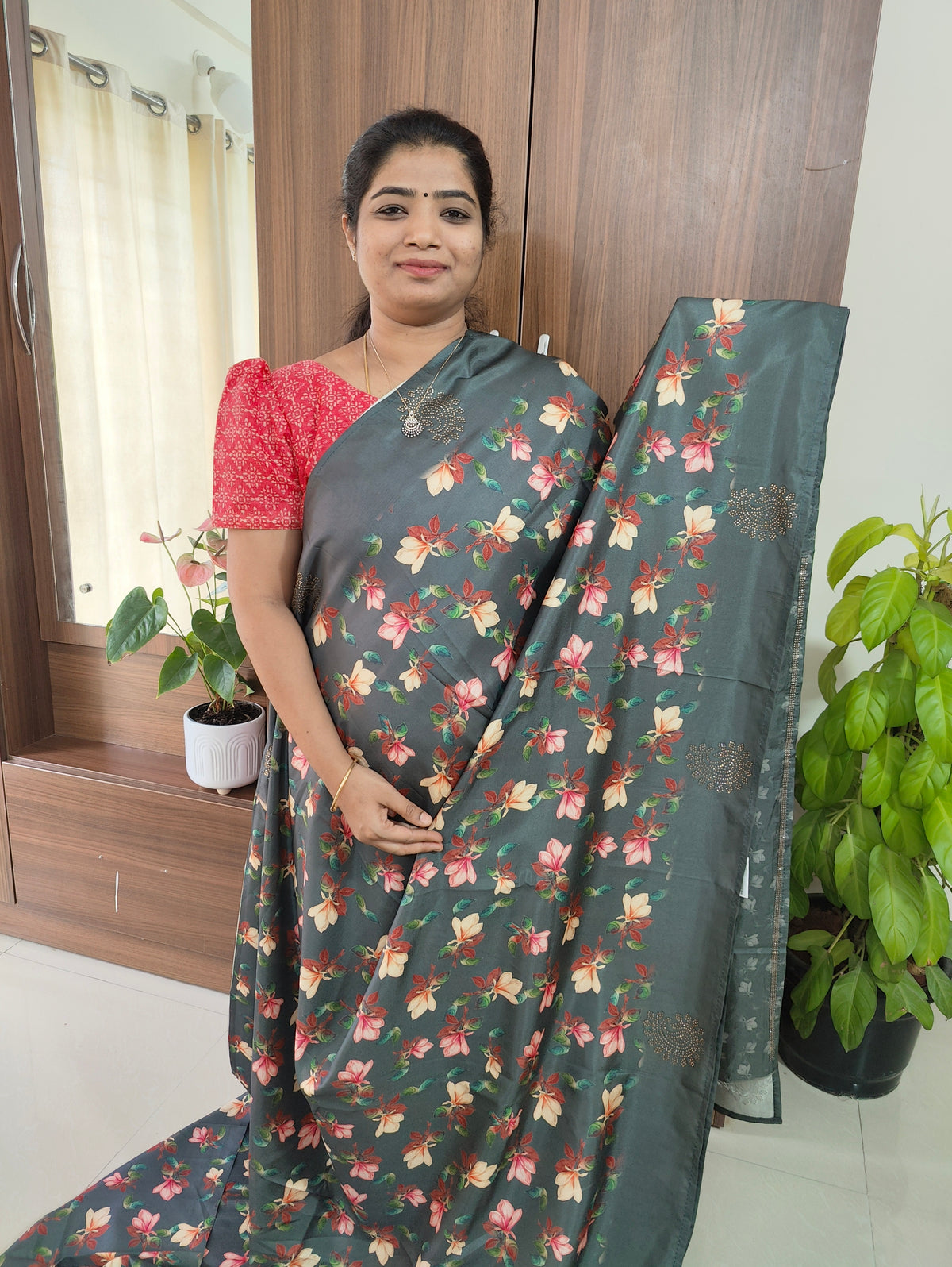 Grey Crackle Silk Saree