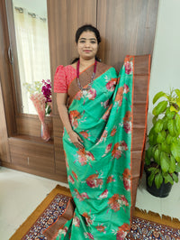 Green with Orange Handwoven Tussar Silk Saree with Zari Border