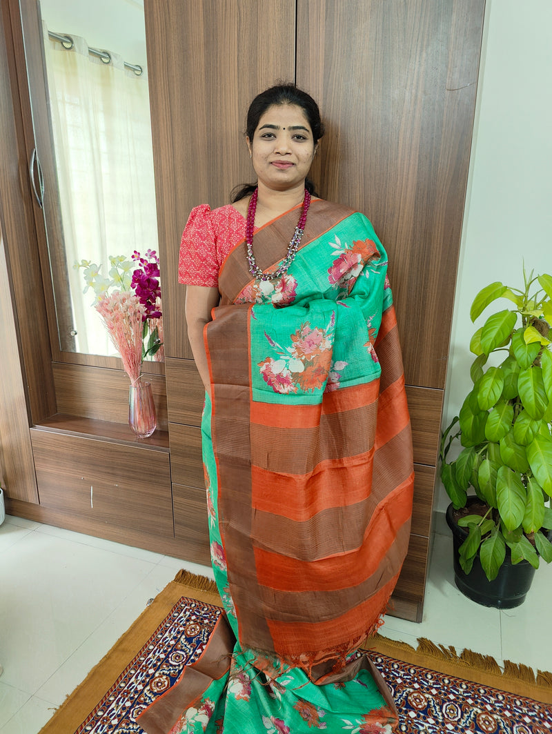 Green with Orange Handwoven Tussar Silk Saree with Zari Border