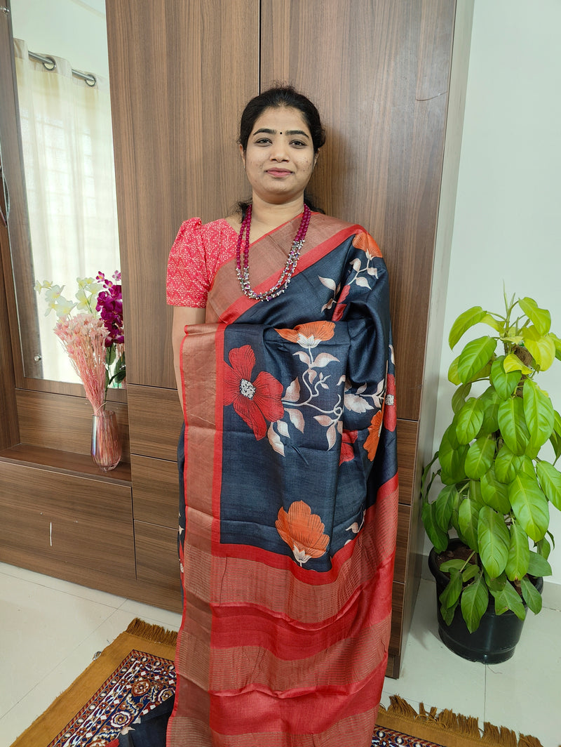 Black with Red Floral Pattern Handwoven Tussar Silk Saree with Zari Border