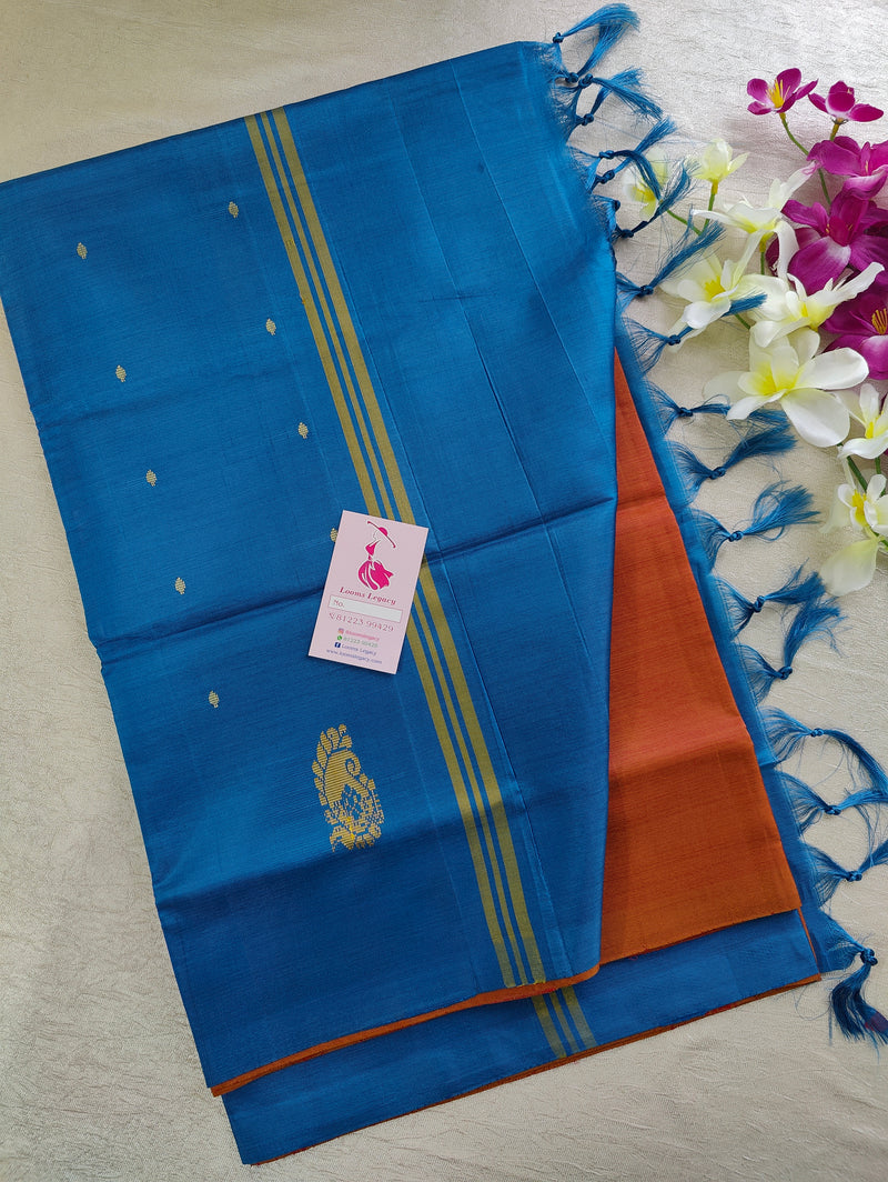 Dark Yellow cum Maroon Dual Shade with Blue  Pallu Handwoven Chinnalampattu Saree