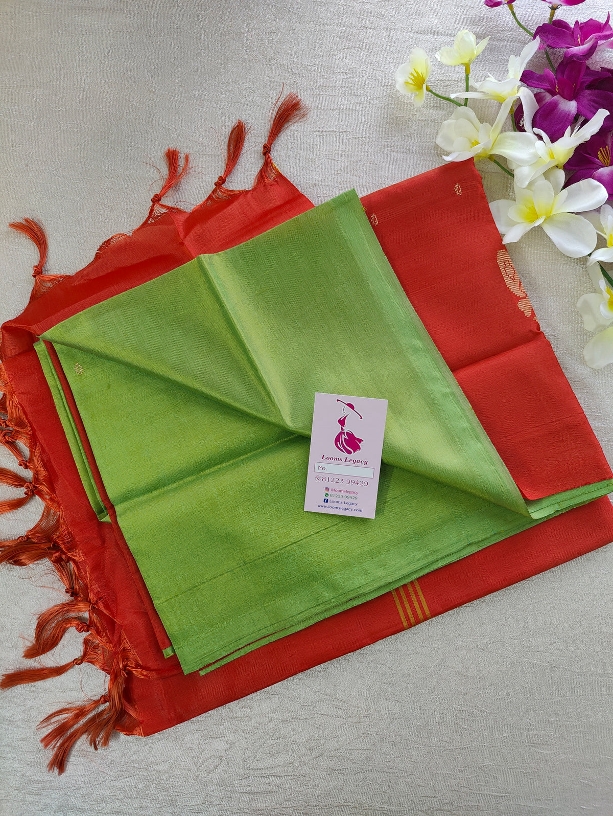 Green with Reddish Orange  Pallu Handwoven Chinnalampattu Saree