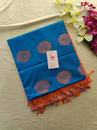 Blue with Peach Copper Zari Woven Border Semi Soft Silk Saree