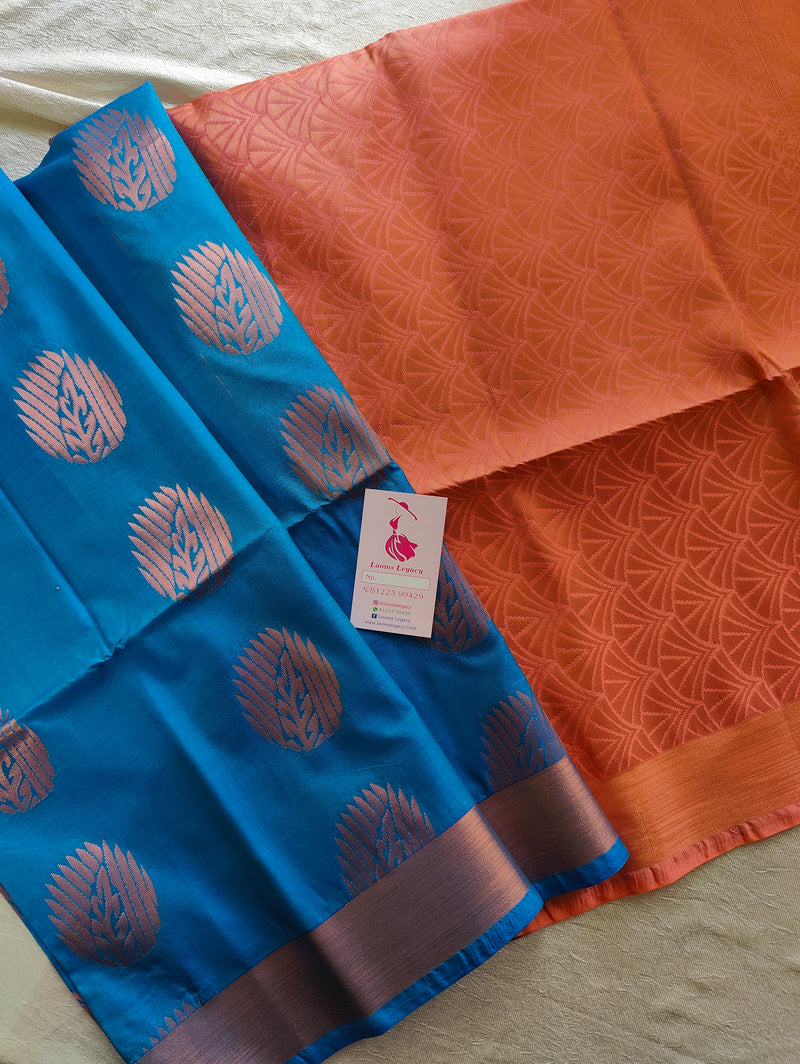 Blue with Peach Copper Zari Woven Border Semi Soft Silk Saree