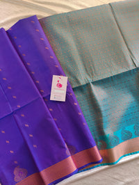 Dual Shade Blue cum Purple with Blue Copper Zari Woven Border Semi Soft Silk Saree