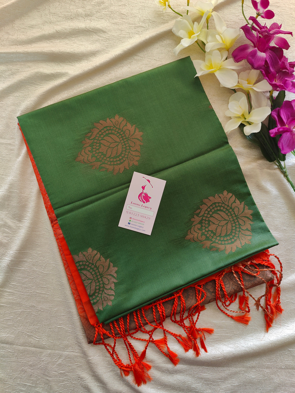 Dark Green with Orange Copper Zari Woven Border Semi Soft Silk Saree