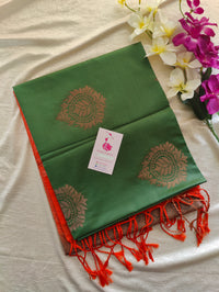 Dark Green with Orange Copper Zari Woven Border Semi Soft Silk Saree