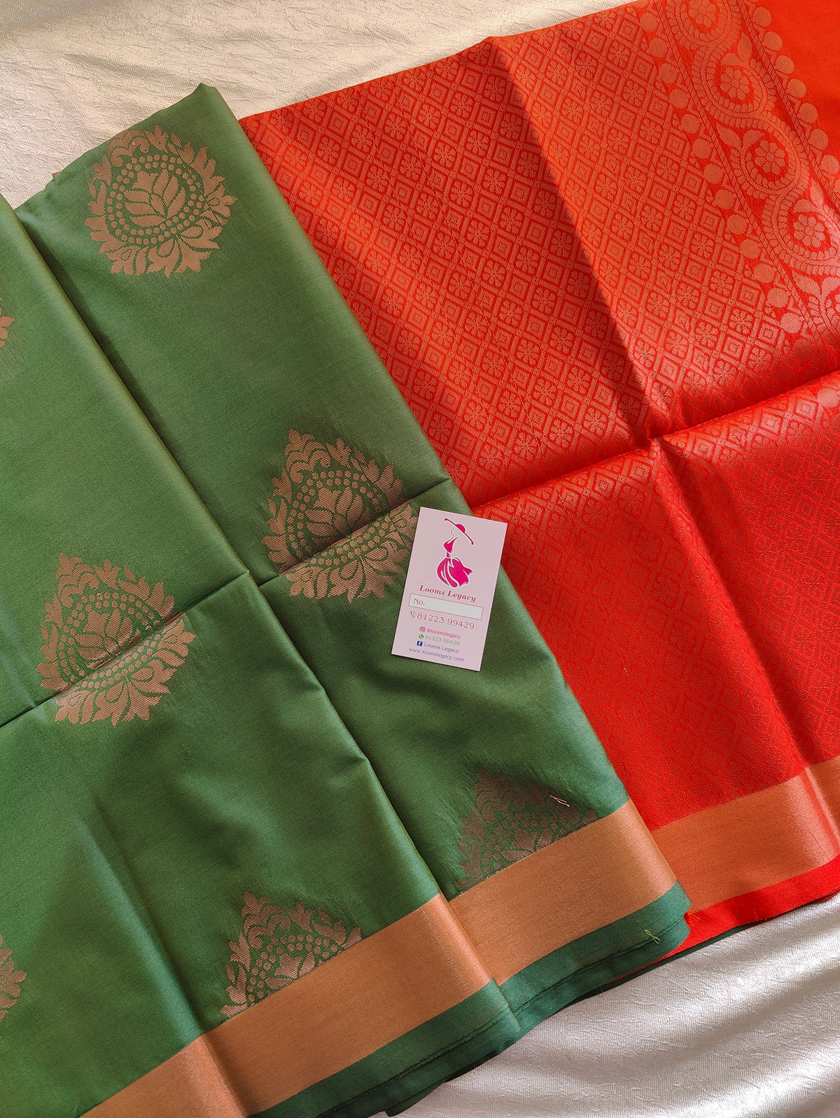 Dark Green with Orange Copper Zari Woven Border Semi Soft Silk Saree