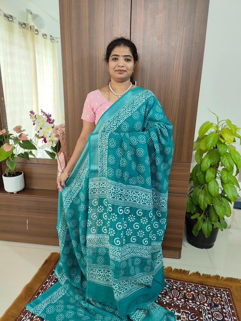 Linen Cotton with Digital Printed Sarees -  Dark Sea Blue