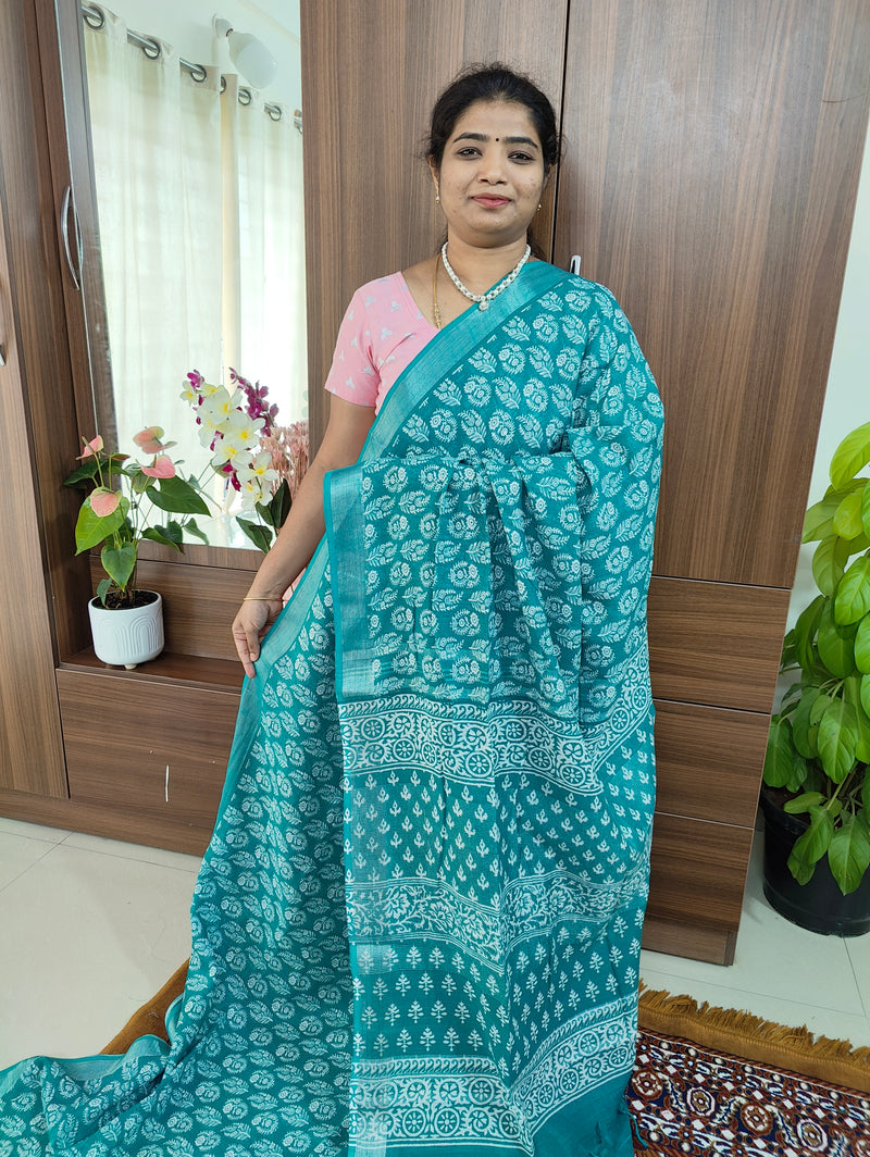 Linen Cotton with Digital Printed Sarees -  Dark Sea Blue