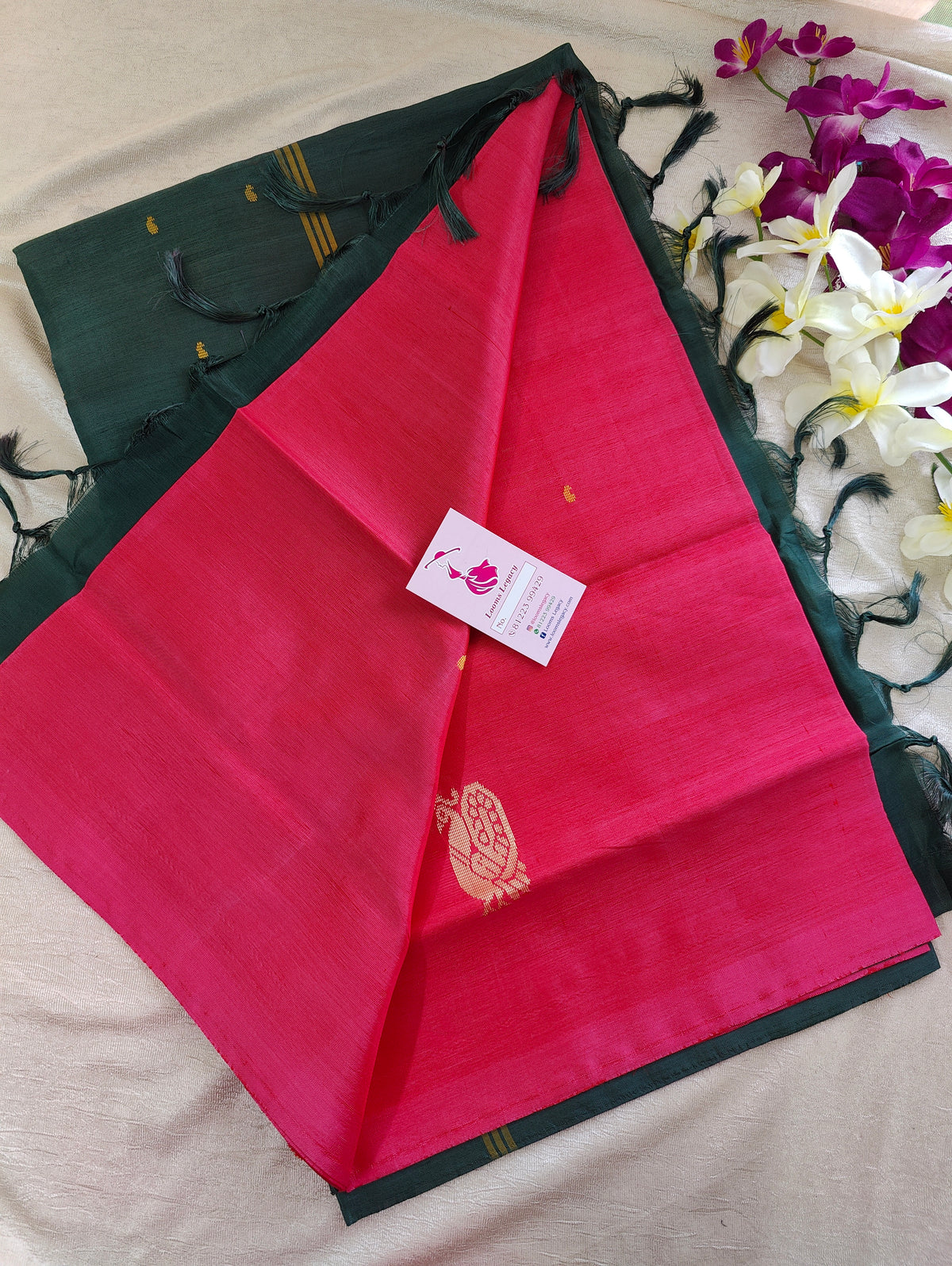 Pink with Bottle Green Pallu Handwoven Chinnalampattu Saree