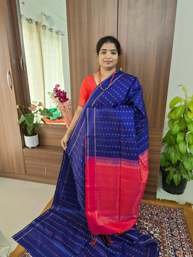 Pure Handloom Soft Silk Saree - Navy Blue with Dual Shade Pink cum Orange