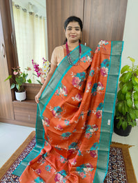 Orange with Blue Pure Handwoven Tussar Silk Saree with Zari Border