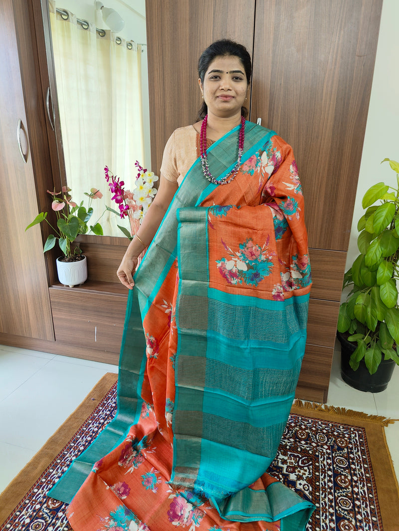 Orange with Blue Pure Handwoven Tussar Silk Saree with Zari Border