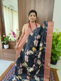 Black with Peach Pure Handwoven Tussar Silk Saree with Zari Border