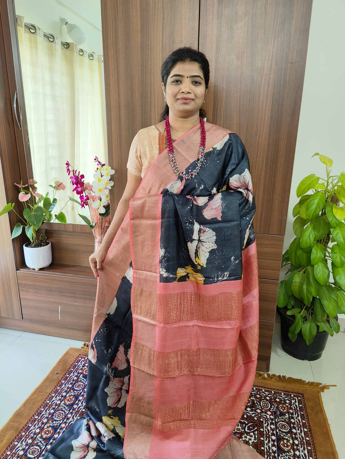 Black with Peach Pure Handwoven Tussar Silk Saree with Zari Border