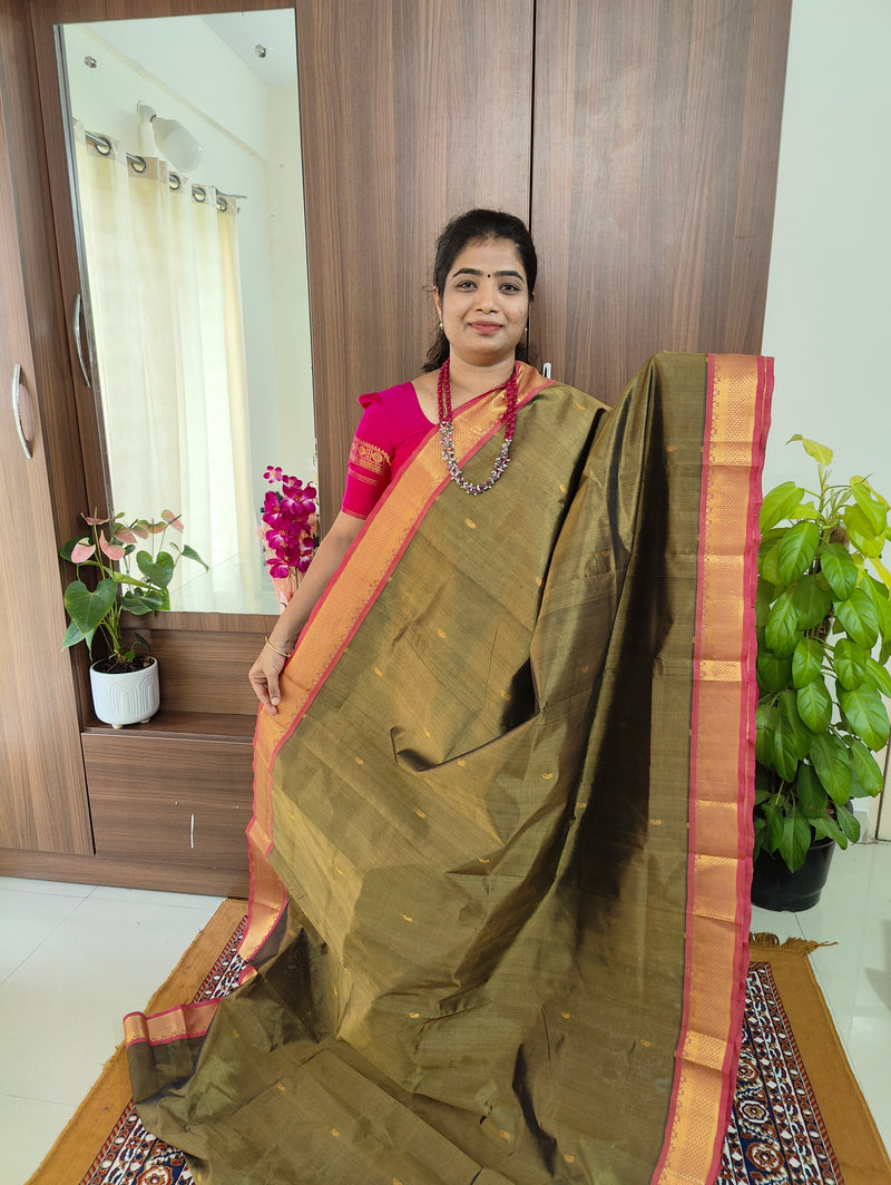 Mehndi Green with Pink Pallu Handloom Kanchi Silk Cotton