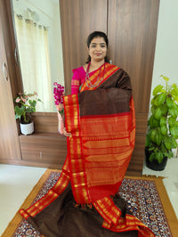 Brown with Red Pallu Korvai Border Handloom Kanchi Silk Cotton